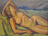 une peinture à l'huile représentant une femme nue allongée sur un canapé