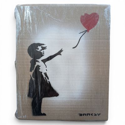 a painting of a girl holding a red heart balloon