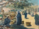 une peinture représentant un groupe de personnes marchant dans une rue