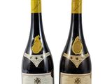 deux bouteilles de vin posées l'une à côté de l'autre sur une surface blanche