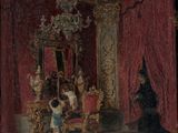 une image représentant un tableau où l'on voit une femme et un enfant dans une pièce rouge