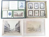 several framed photographs of people and buildings in a display case