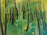 un tableau représentant un champ vert avec des arbres au premier plan