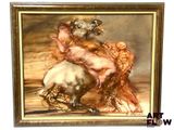 a painting of a woman riding a horse with a dog