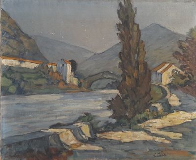 an image of a painting of a river with a house in the background