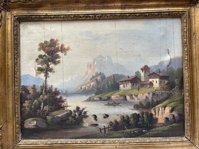 peinture d'un paysage avec une rivière et un château au loin