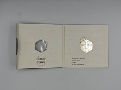 packaging of a silver coin with a silver design on it