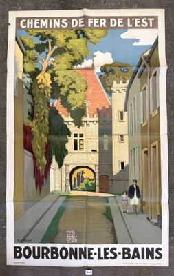 french travel poster of a narrow street in a french village