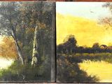 two paintings of a boat on a river next to a tree