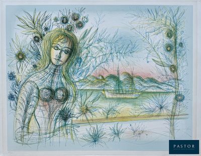 an image of a drawing of a woman with flowers in her hair