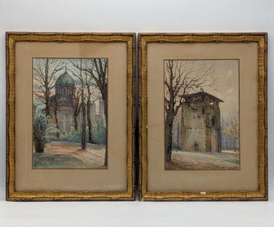two framed paintings of a building and trees in a room