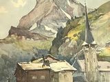 a painting of a mountain with a church in the foreground