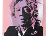 a painting of a man in a suit and tie on a pink background