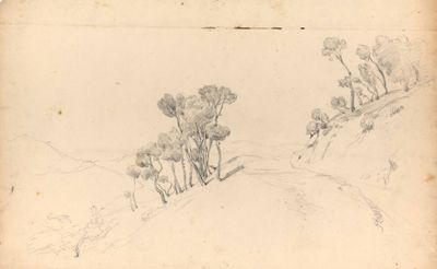 drawing of a landscape with trees on a hill and a person on a horse in the foreground