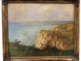 a painting of a cliff overlooking the ocean with a boat in the distance