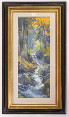 an oil painting of a stream running through a forest