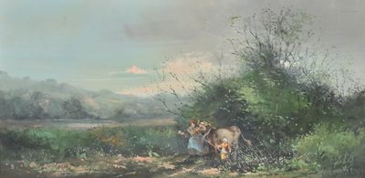 a painting of a woman and a horse in a field