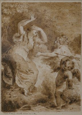 tableau représentant une femme et deux enfants dans un décor boisé