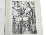 an open book with a drawing of two women standing next to each other