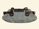 an image of a blue purse with a brown handle