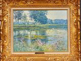 a painting of a river with trees and flowers in a gold frame