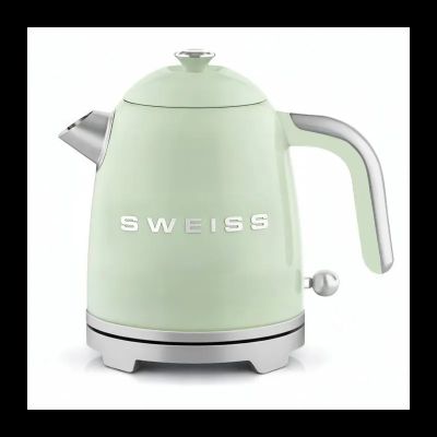 a green kettle that is sitting on a white surface