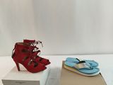 pair of women ' s red and blue sandals on top of a box