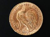 a gold coin with a rooster on it on a black surface