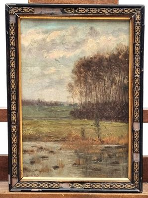 painting of a landscape with a river and trees in a wooden frame