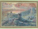 tableau représentant un homme assis sur une colline, avec des moutons et une montagne en arrière-plan