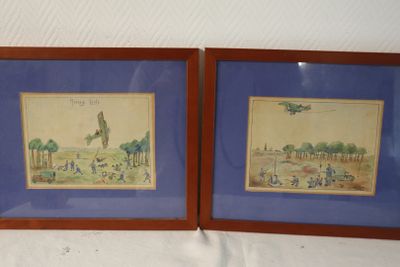 two framed pictures of a couple of people in a field