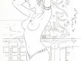 a drawing of a woman in a bikini standing on a balcony