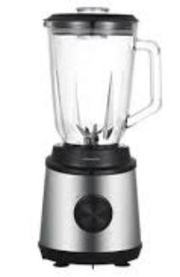 silver and black blender sitting on top of a white surface