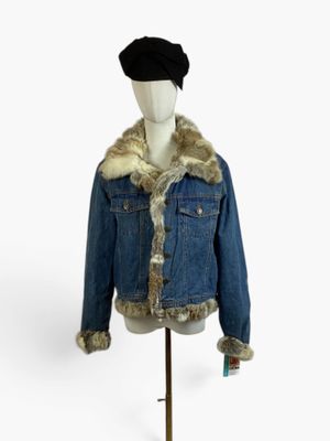 denim jacket with fur collar and cuffs on mannequin base