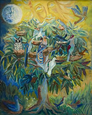 an oil painting of birds in a tree with a full moon in the background