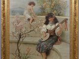 tableau représentant une jeune fille jouant du luth et une autre assise sur un rebord