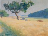 tableau représentant un champ avec un arbre solitaire au milieu