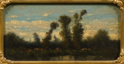 an image of a painting of a landscape with trees in the foreground