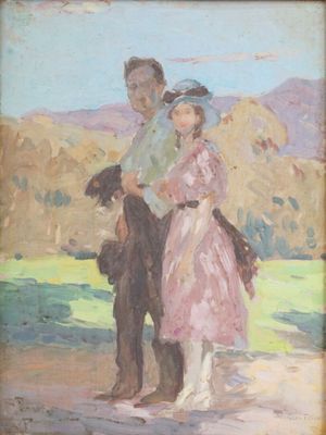 an oil painting of a man and a little girl standing next to a dog