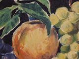 a painting of grapes, peaches, and oranges on a table