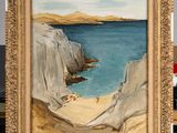 an oil painting of a beach scene with a cliff and a body of water