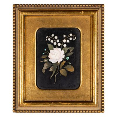 a painting of a white rose and lily of the valley on a black background