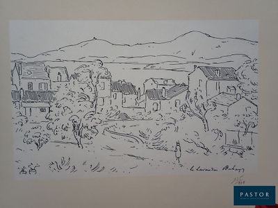 dessin représentant un paysage avec des maisons et des montagnes en arrière-plan