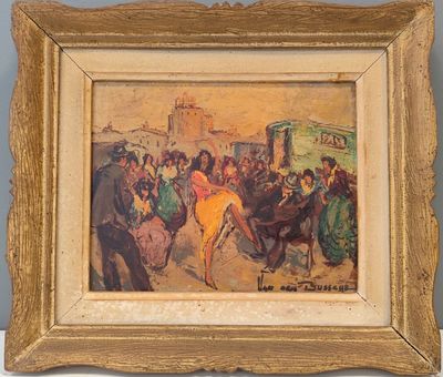 tableau représentant un groupe de personnes dans une rue de la ville, avec un cheval