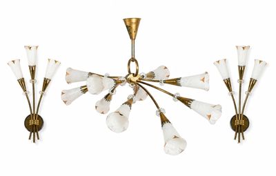 a set of three brass and glass sconces on a white background