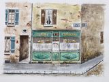 a watercolor painting of a store front on the street
