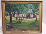 une image d'une peinture d'une maison dans les bois