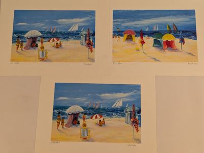 paintings of people on the beach with umbrellas and sailboats