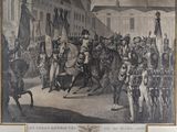 painting of a group of men riding on horses in front of a building