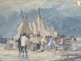 une peinture représentant un groupe de personnes sur la plage